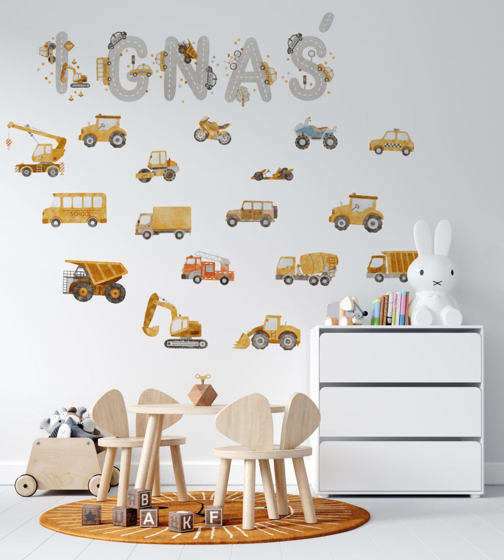 Personalized name wall decal for boys with 30 cm letters and a colorful set of car stickers