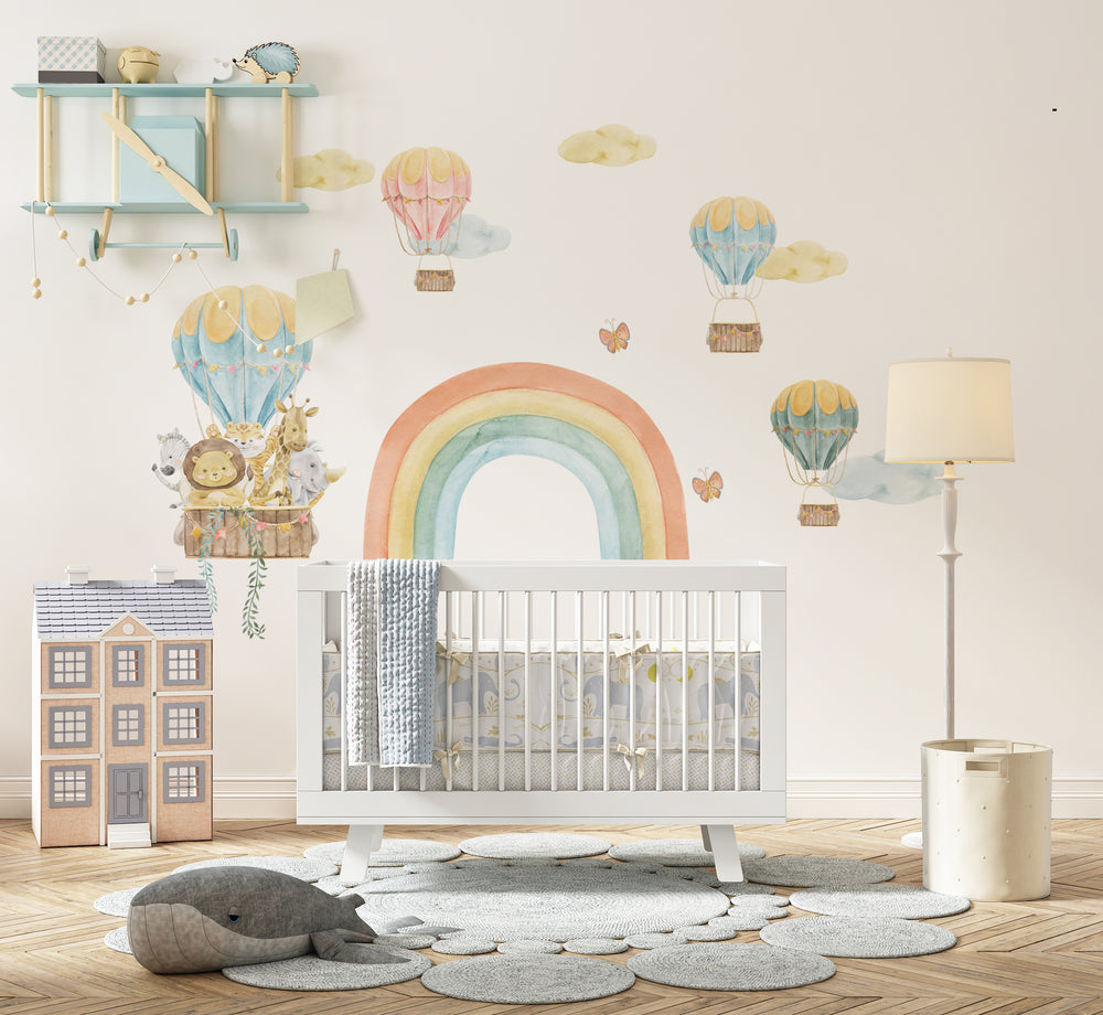 Pets go on a balloon trip wall stickers - colorful rainbow adventure decals for kids room by Igibee