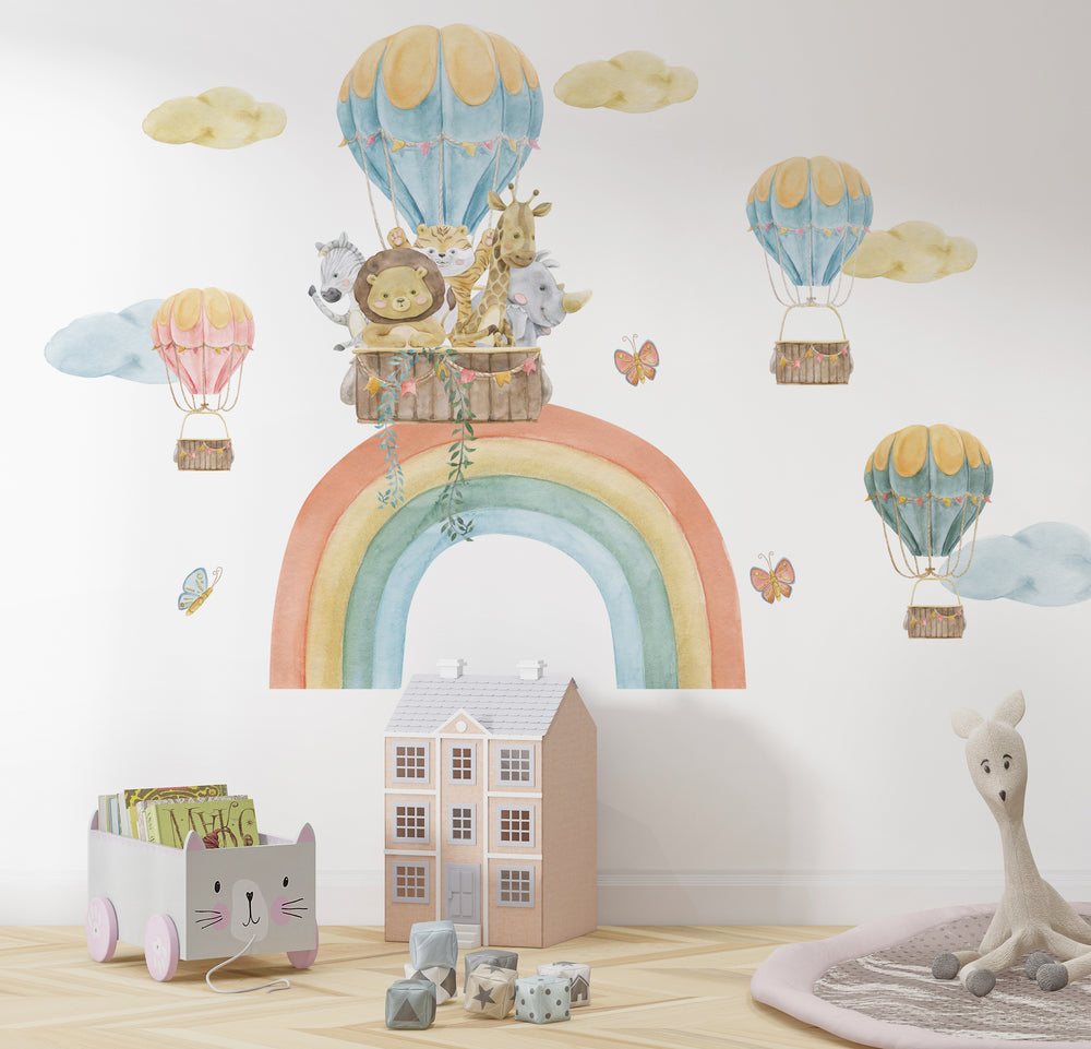 Pets go on a balloon trip wall stickers - colorful rainbow adventure decals for kids room by Igibee