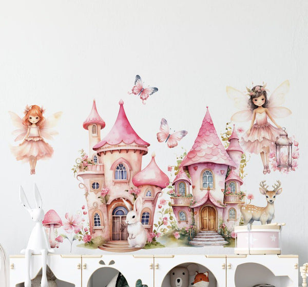 Pink fairy palace wall decals with two castles, fairies and woodland animals by Igibee