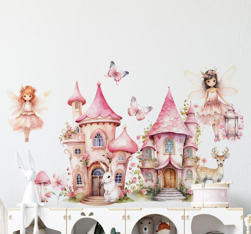 Pink fairy palace wall decals with two castles, fairies and woodland animals by Igibee