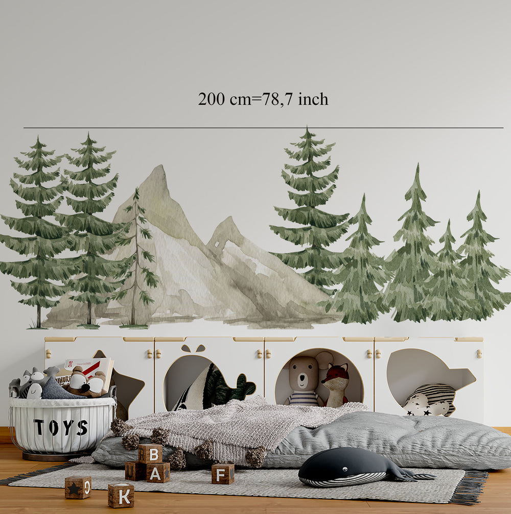 Pine Tree and Mountain Wall Decals – serene forest nursery vinyl stickers creating peaceful woodland scenery by Igibee