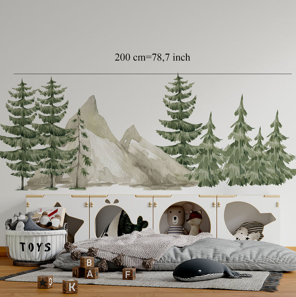 Pine trees and mountain forest wall decals – removable peel and stick background for woodland nursery by Igibee