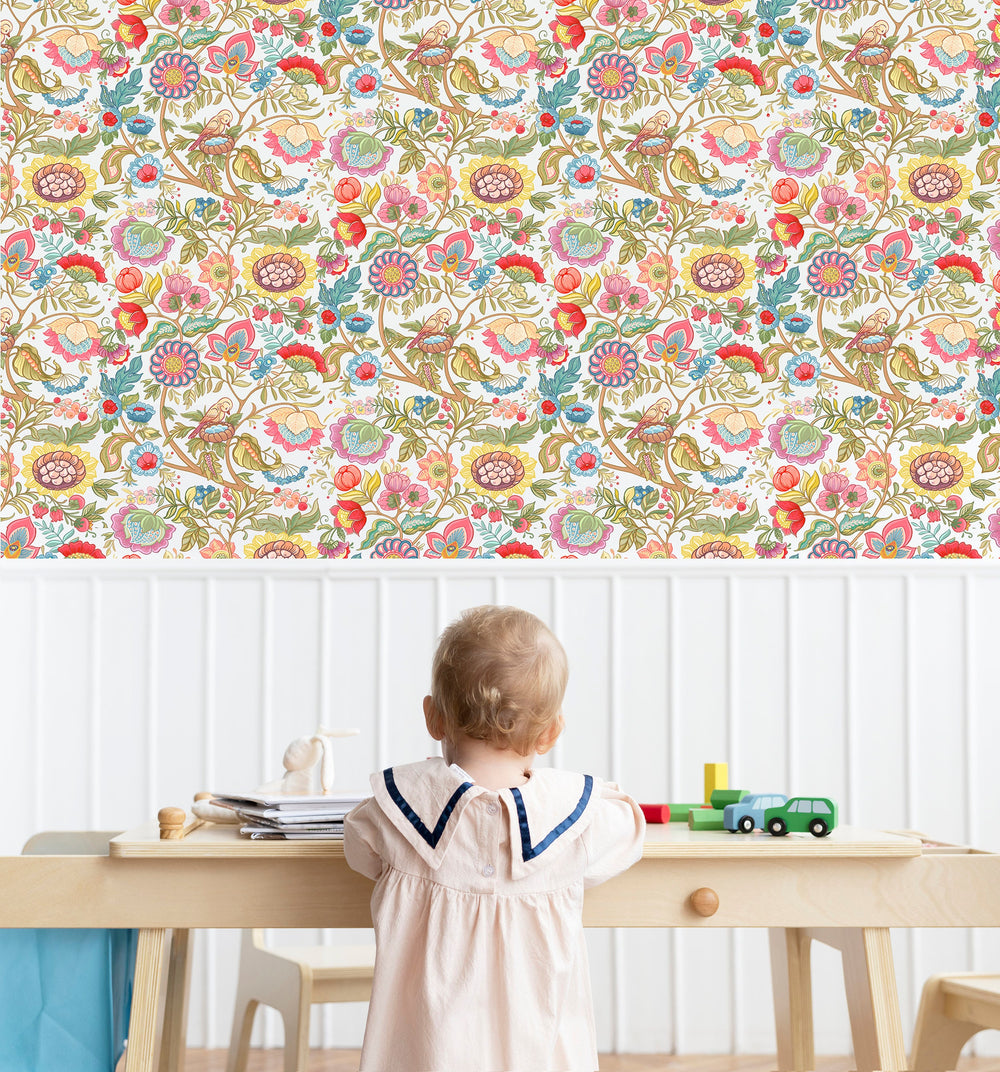 Floral wallpaper with botanical flowers - decorative wall covering for kids room by Igibee