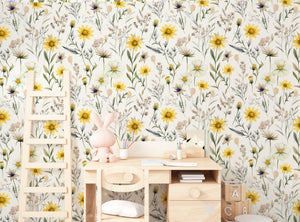 Pink yellow wildflowers meadow wallpaper - botanical nature design for kids nursery by Igibee