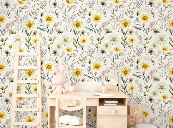 Pink yellow wildflowers meadow wallpaper - botanical nature design for kids nursery by Igibee