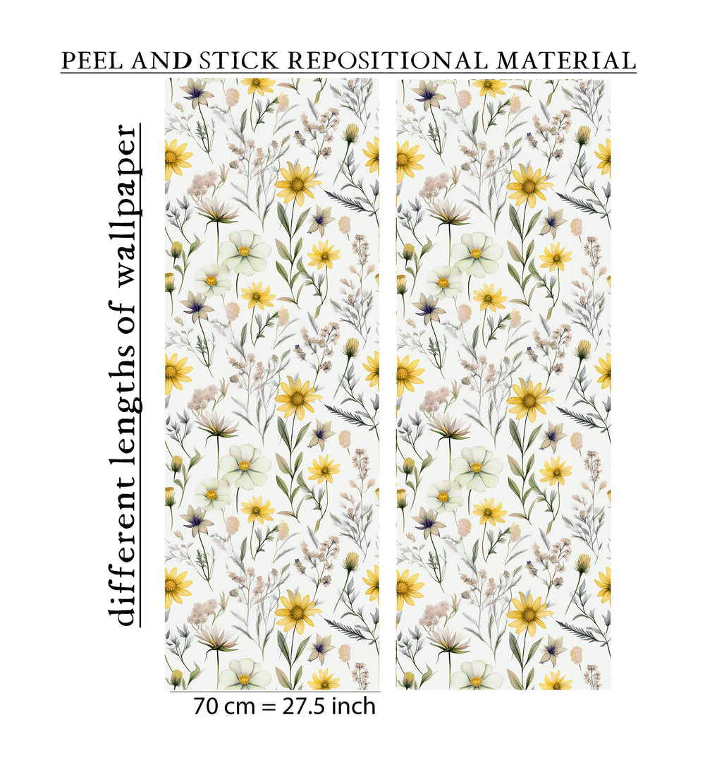 Yellow and pink wildflowers wallpaper - botanical floral design for girls nursery room by Igibee