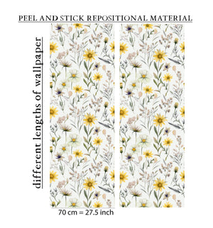 Pink and yellow wildflowers meadow wallpaper - bright floral design for nursery and kids bedroom by Igibee
