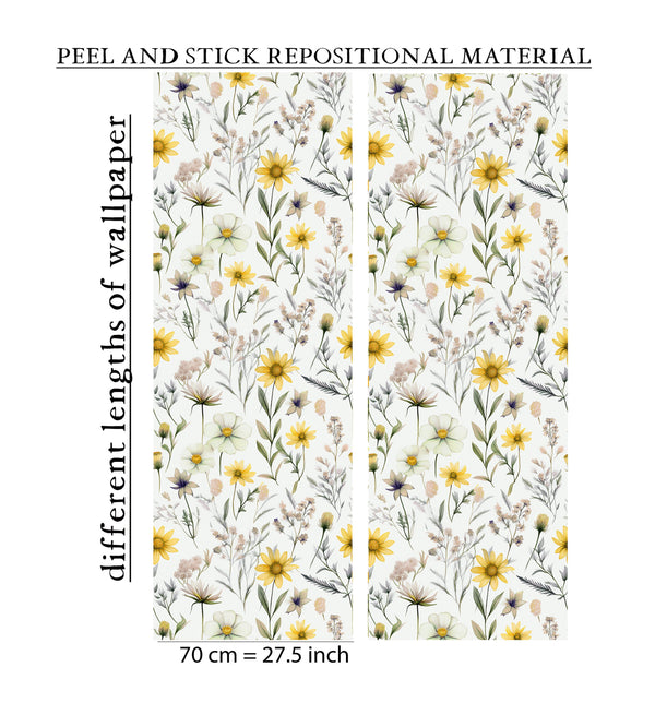 Pink and yellow wildflowers meadow wallpaper - bright floral design for nursery and kids bedroom by Igibee