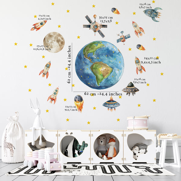Planet Earth with rockets space adventure wall decals - educational nursery stickers by Igibee