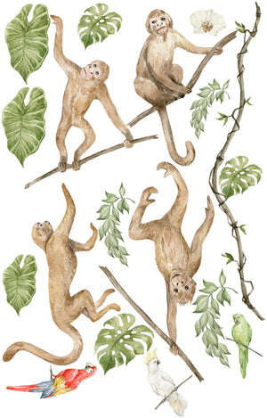 Cheerful monkeys swinging through trees wall decals from Happy Monkeys collection – fun jungle safari stickers for kids room by Igibee