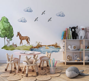 Pony and rabbits at the pond farm animals wall decals - cute countryside scene peel and stick by Igibee