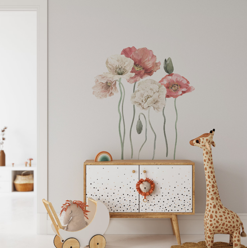 Poppies in the meadow floral wall stickers - beautiful red flowers nature elements for kids room by Igibee