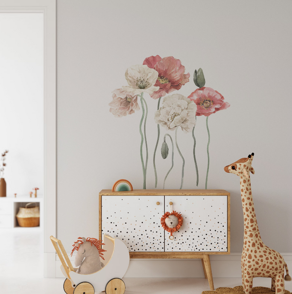 Poppies in the meadow floral wall stickers - beautiful red flowers nature elements for kids room by Igibee