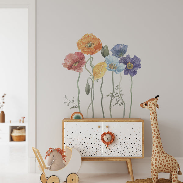 Poppy flowers wall decals - beautiful red blooms nature stickers for nursery decor by Igibee