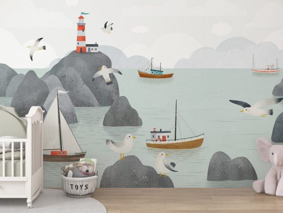 Port with lighthouse custom children's wallpaper - nautical themed room decor by Igibee