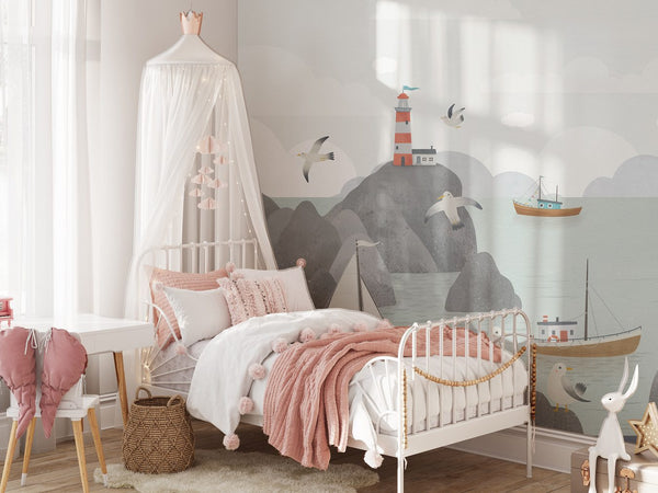 Ships and lighthouse wallpaper detail for children's room by Igibee