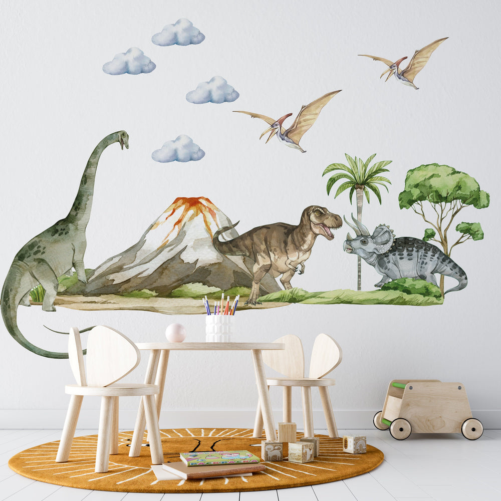 Prehistoric dinosaur land adventure wall stickers - large sheets with T-Rex and triceratops for kids room by Igibee