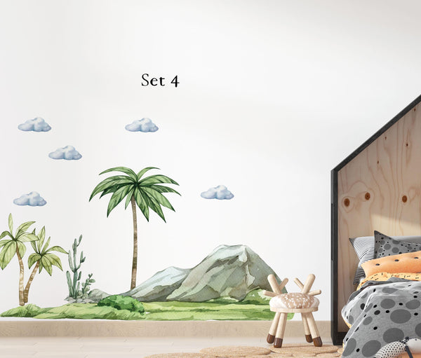Prehistoric dinosaur scene with triceratops and volcanoes - huge removable wall decal set for kids room by Igibee