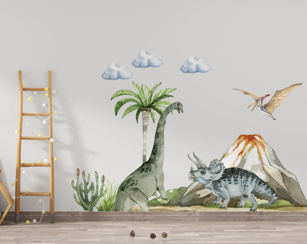 Prehistoric dinosaurs big set wall stickers - colorful T-Rex and friends for kids bedroom by Igibee