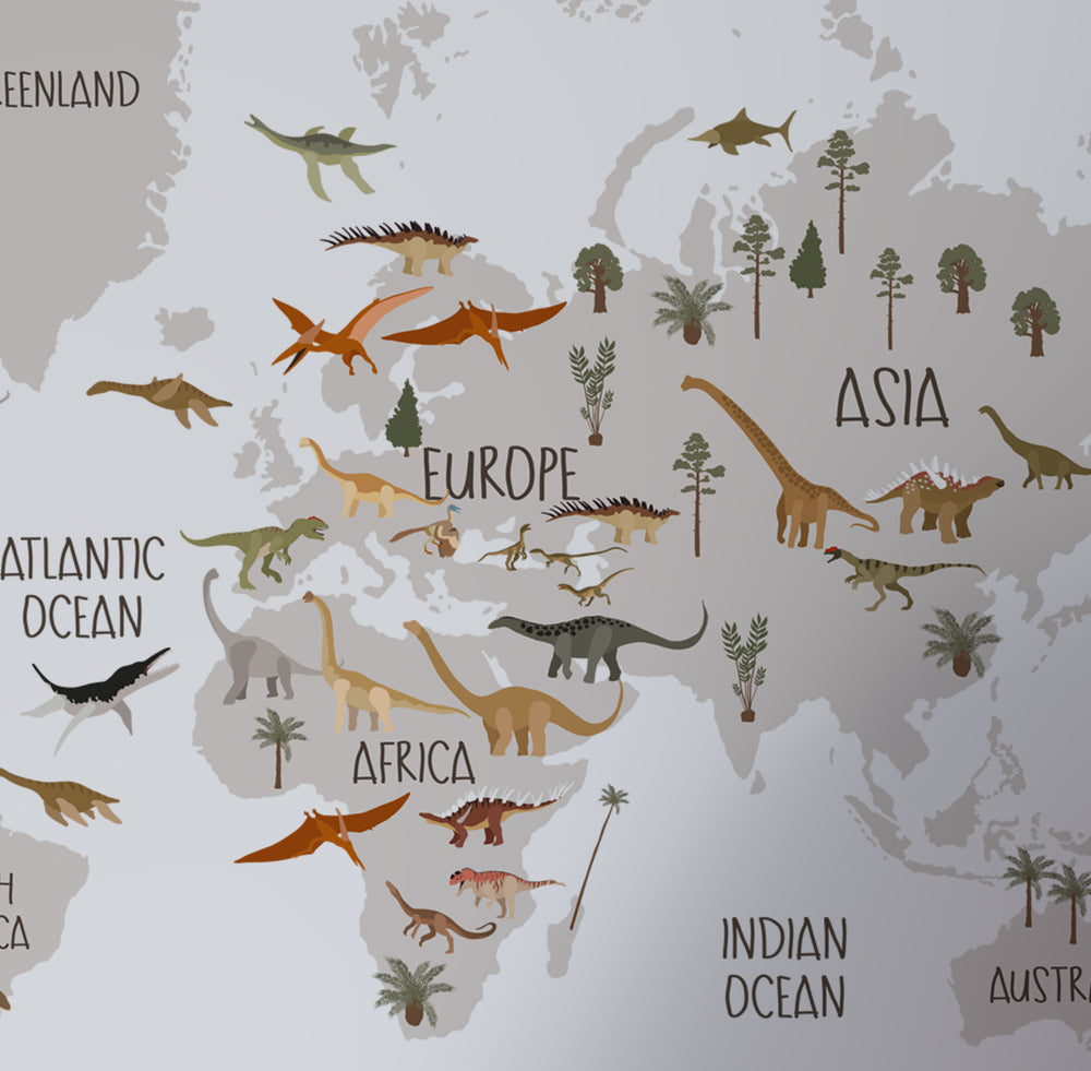 Dinosaur map wall decals - prehistoric world adventure with T-Rex and triceratops for kids room by Igibee