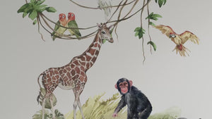 Giraffe, chimp and parrots - safari wall decal set