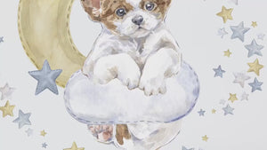 Little puppy on a cloud with a moon and stars