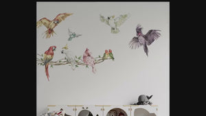 Colorful parrots on a branch - jungle wall decals