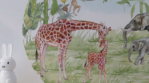 Window to African land with giraffe and elephants with their babies - 3 sizes of wall decal available