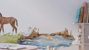 Pony and rabbits at the pond - farm animals walldecals
