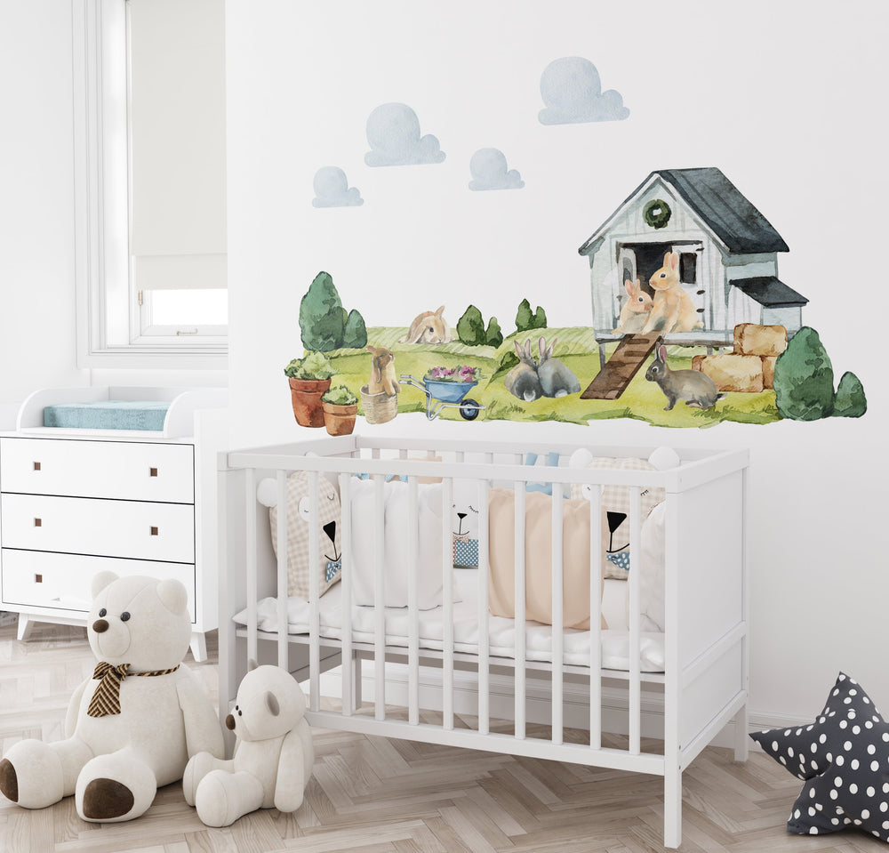Rabbit farm animals wall decals - adorable bunny collection peel and stick nursery set by Igibee