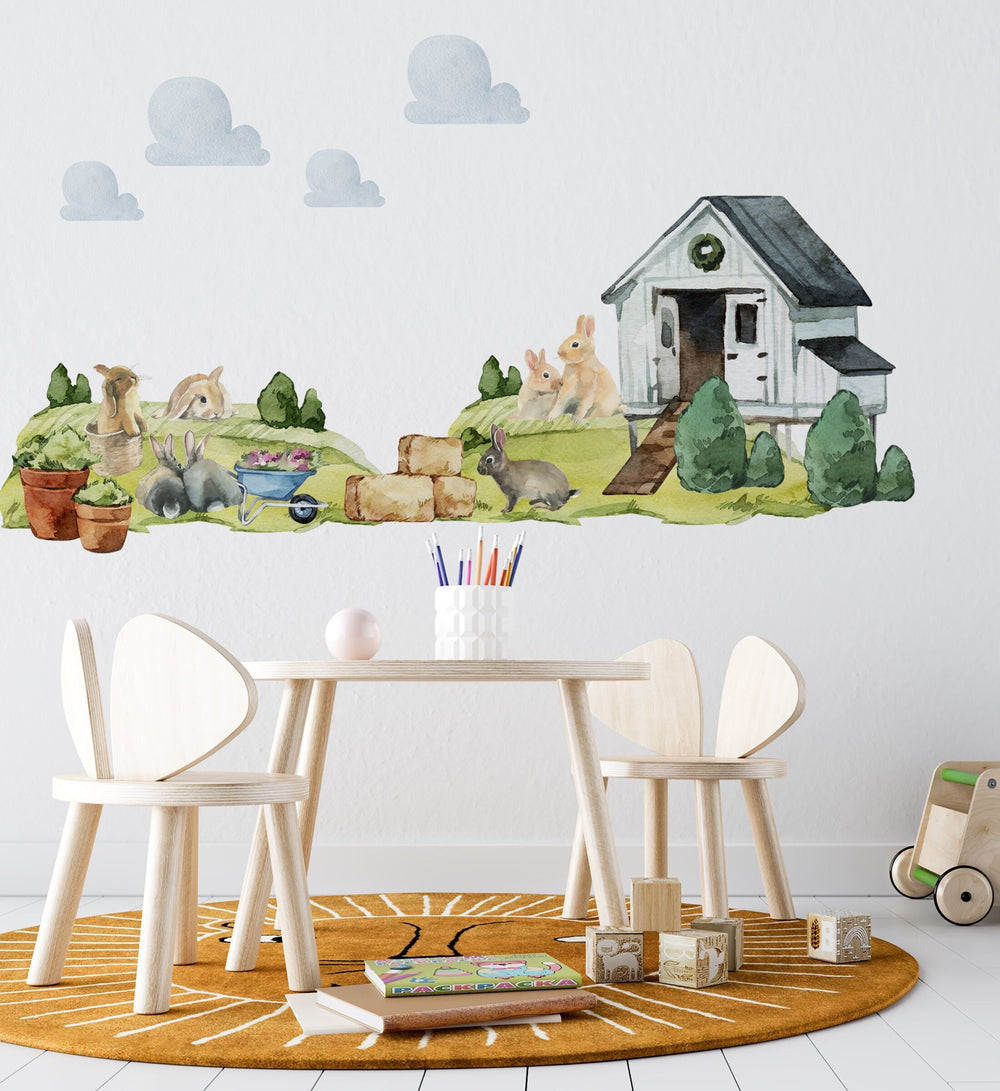 Rabbit farm animals wall decals - adorable bunny collection peel and stick nursery set by Igibee