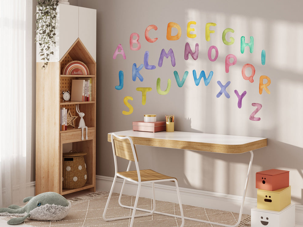 Rainbow alphabet letters wall decals - colorful A-Z educational set for kids room by Igibee