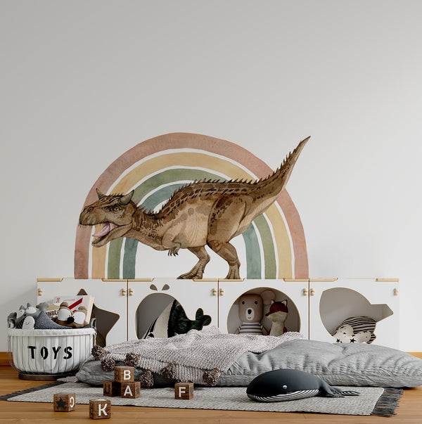 Rainbow Karnotaurus dinosaur wall decals - colorful prehistoric theme for kids bedroom by Igibee