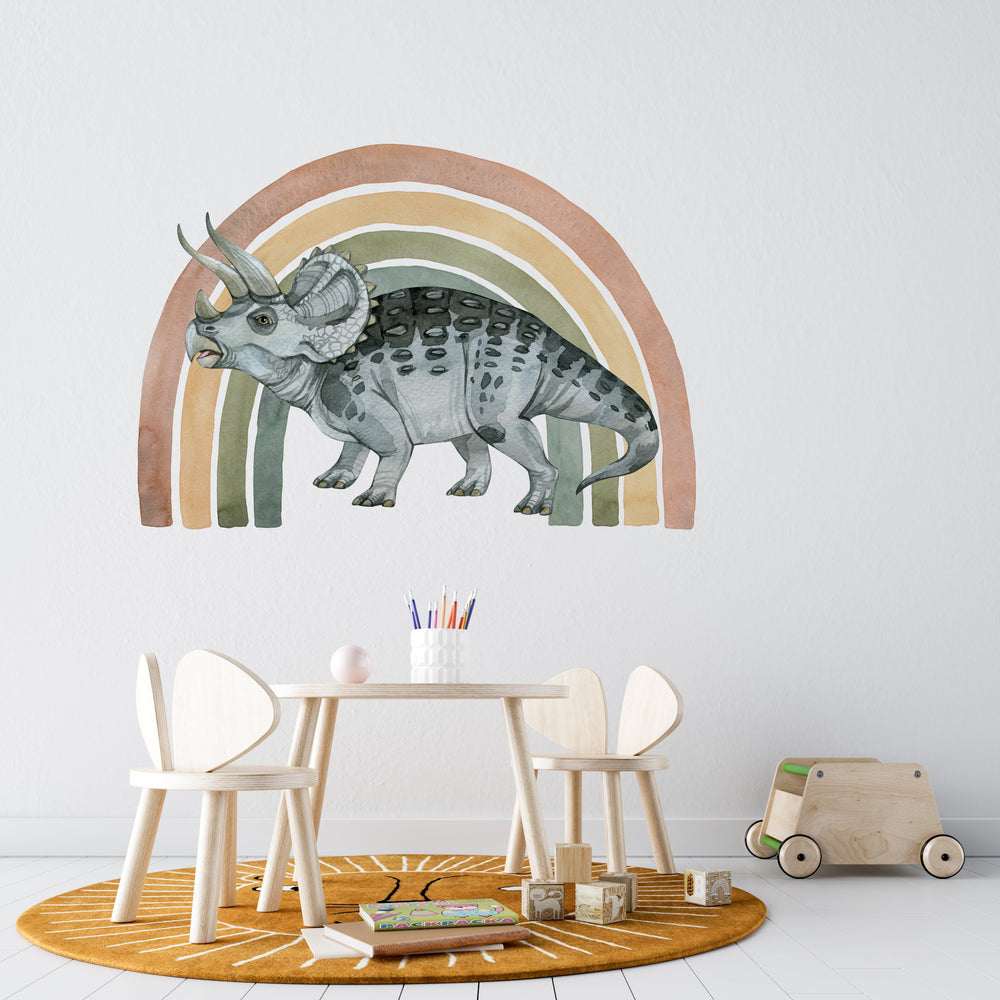 Triceratops and rainbow dinosaur wall decals - colorful prehistoric nursery stickers by Igibee