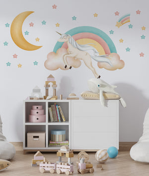 Rainbow unicorn wall stickers set for kids bedroom - colorful peel and stick decals by Igibee
