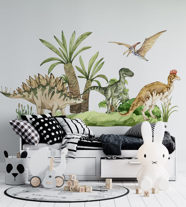 Realistic Dinosaur World mural wall stickers covering kids bedroom wall – premium Igibee quality
