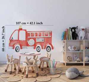 Red fire truck educational wall sticker - big vehicle decal for little fireman bedroom by Igibee