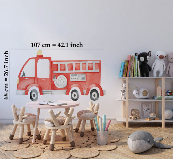 Red fire truck educational wall sticker - big vehicle decal for little fireman bedroom by Igibee