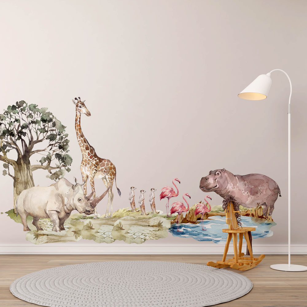 Rhinoceros, Hippopotamus, Giraffe, Flamingos and Meerkats wall stickers – gentle African safari animals in watercolor style, peel and stick nursery decor by Igibee