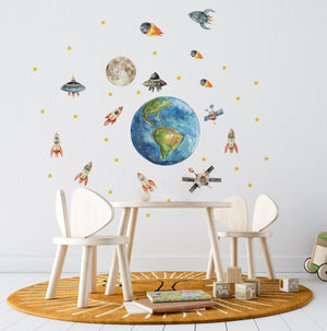 Rockets around planet Earth wall decals - educational space adventure set for kids room by Igibee