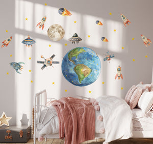 Rockets around planet Earth educational wall decals - adventure space theme for kids room by Igibee