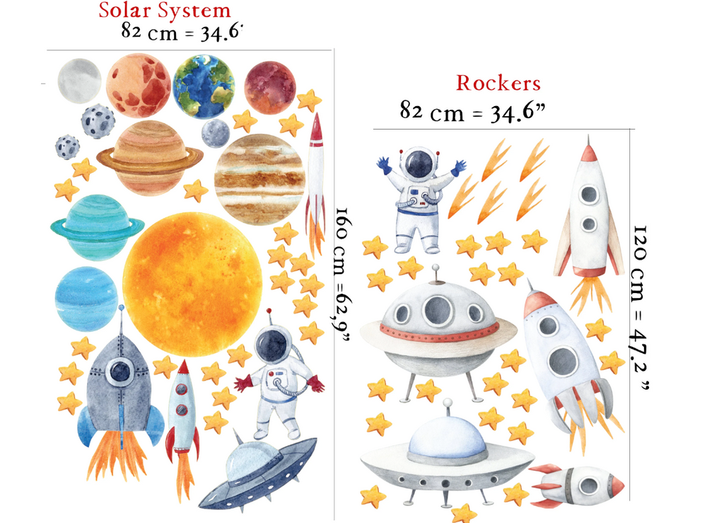 Solar system planets and rockets wall decals - educational space theme for kids room by Igibee