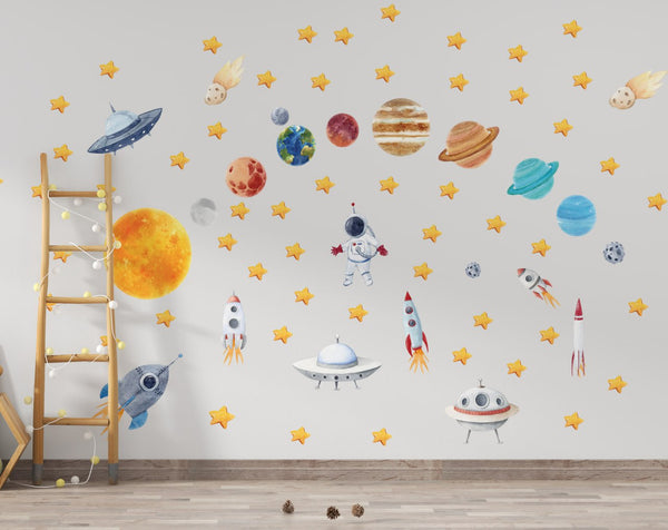 Rockets and space adventure educational wall decals - interactive learning set for kids bedroom by Igibee