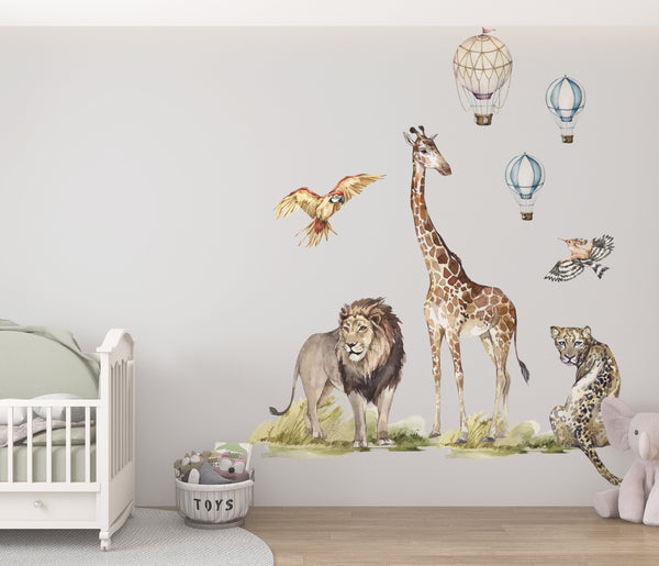 Safari animals with balloons adventure educational wall decals - learning fun decor for kids room by Igibee