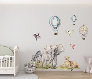Safari animals with colorful balloons adventure learning wall decals - educational nursery decor by Igibee
