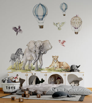 Safari animals with colorful balloons educational adventure bundle - fun learning wall decals by Igibee