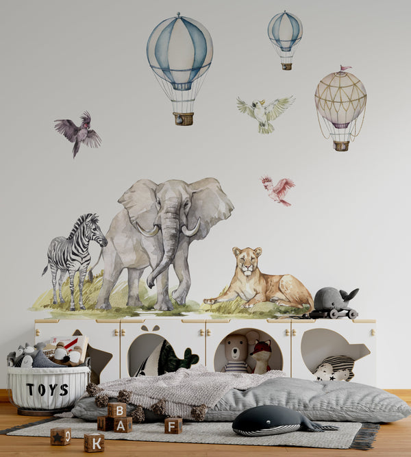 Safari animals with colorful balloons educational adventure bundle - fun learning wall decals by Igibee