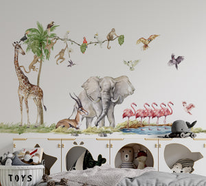 Safari big set peel and stick –, nursery jungle decor with flamingos by Igibee
