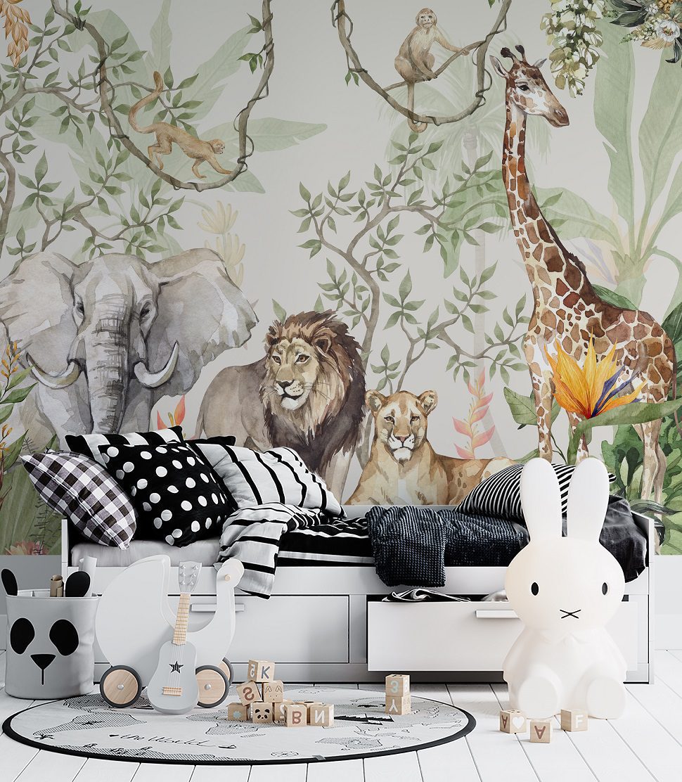 African safari wallpaper with lions and elephants for kids room by Igibee